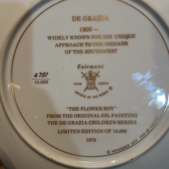 De Grazia Collector Plate " The Flower Boy " The Children Series. - Picture 4 of 5